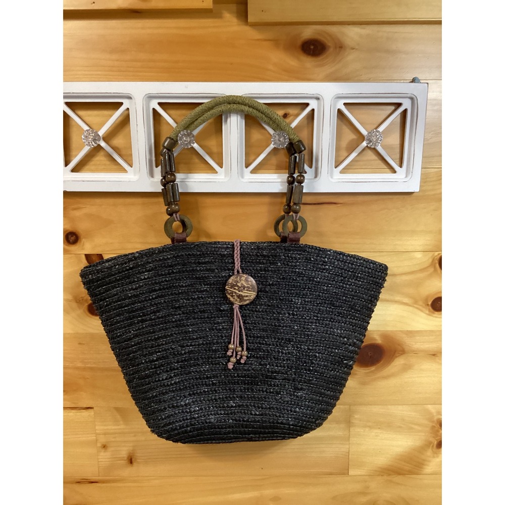 White Stag Black Wheat Straw Woven Boho Tote Bag Wood Bead Handle Tassel Coconut